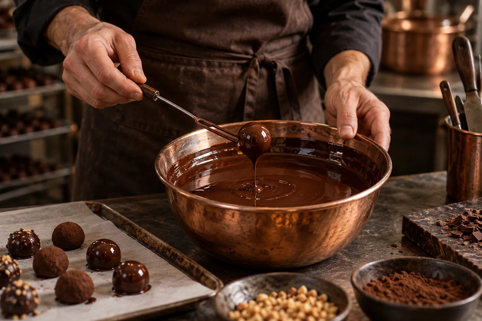 Les gestes d’un artisan chocolatier préparant des truffes