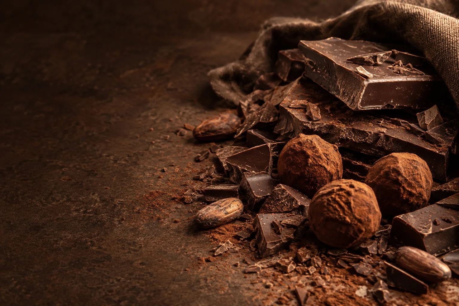 Éclats de chocolat noir, truffes et fèves de cacao