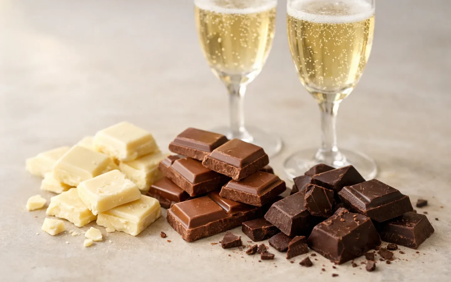 Morceaux de chocolat blanc, au lait et noir posés près de deux verres de vin effervescent.