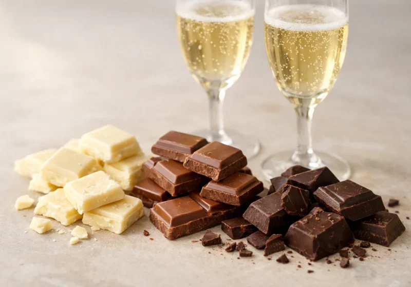 Morceaux de chocolat blanc, au lait et noir posés près de deux verres de vin effervescent.