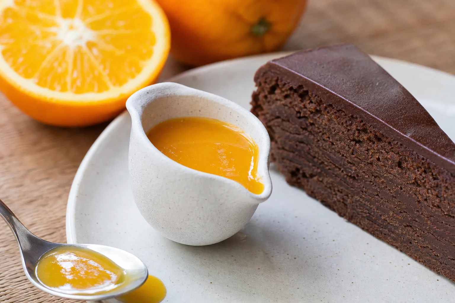 Une saucière de coulis d’orange posée à côté d’une part de gâteau au chocolat et d’une orange coupée.