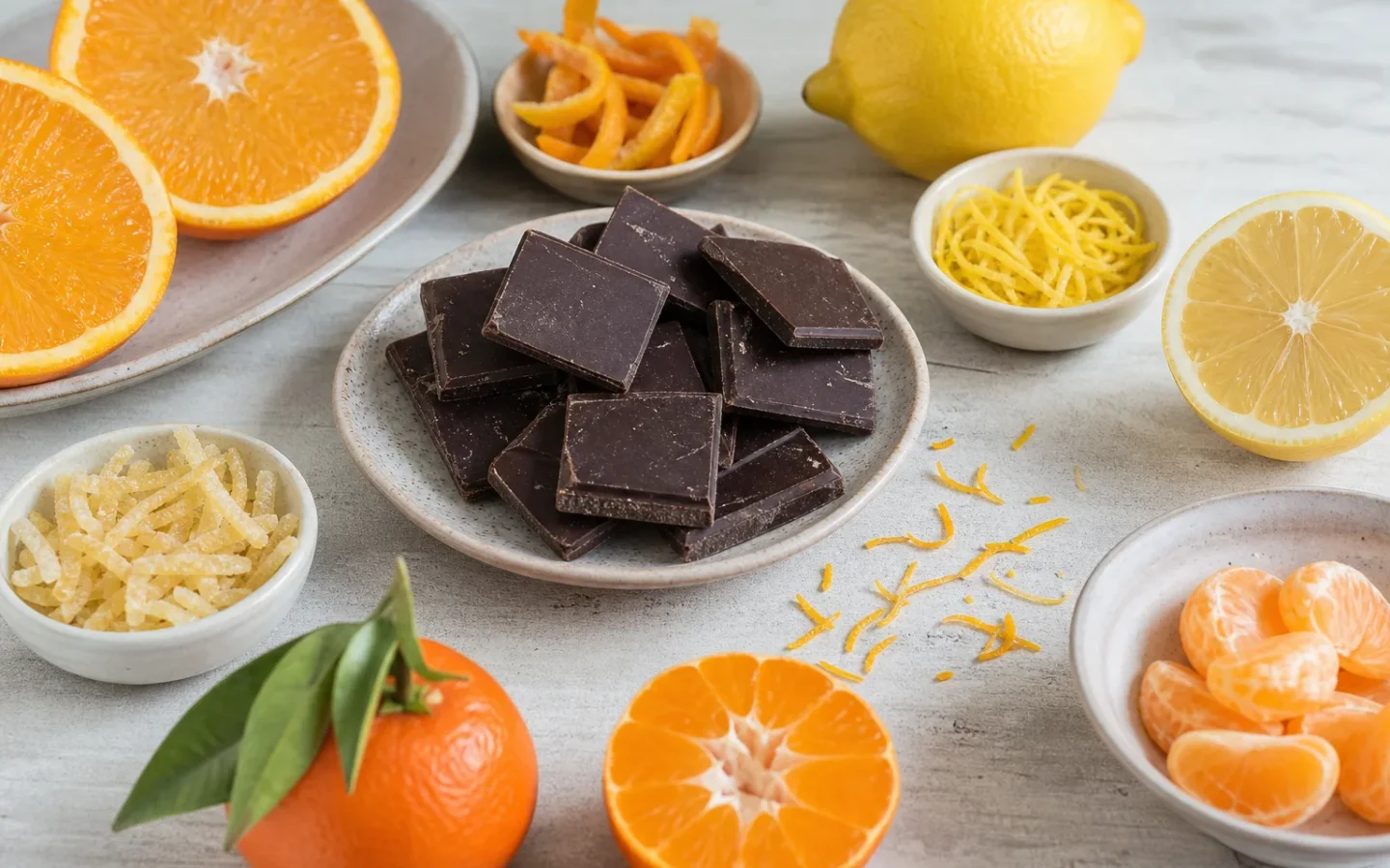 Morceaux de chocolat entourés de quartiers d’orange et de mandarine, de citron, de zestes et d’écorces confites sur une table claire.