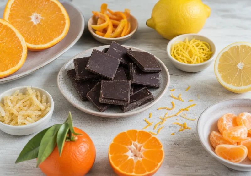 Morceaux de chocolat entourés de quartiers d’orange et de mandarine, de citron, de zestes et d’écorces confites sur une table claire.