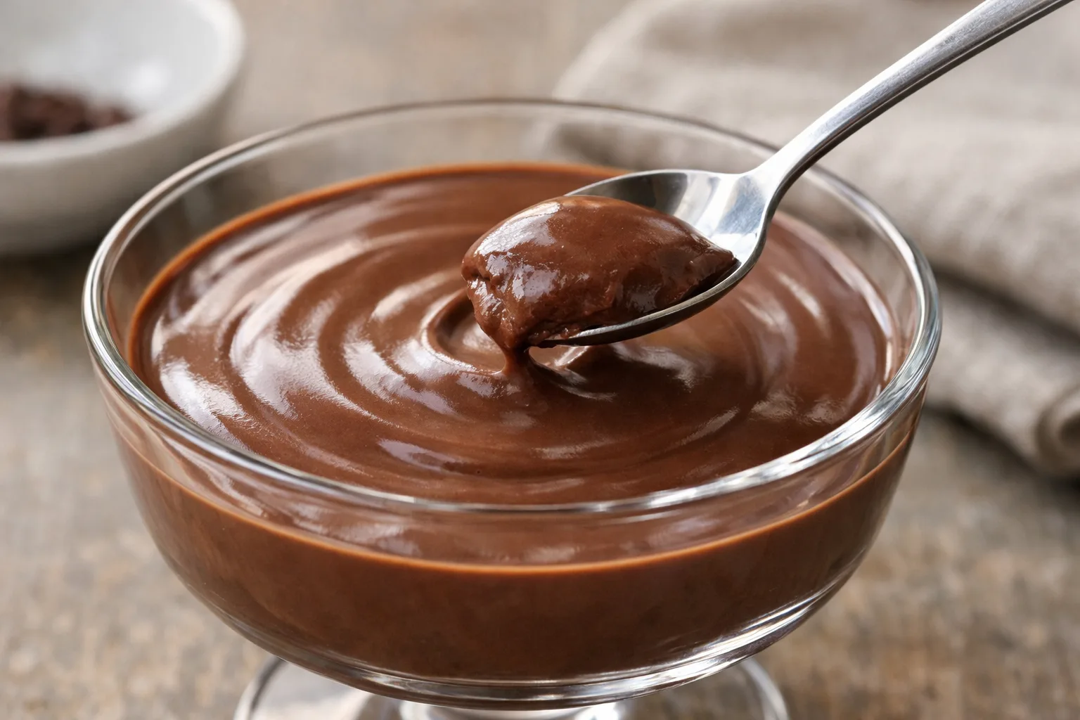 Cuillère prélevant une portion dans une coupe de glace au chocolat à la surface lisse.