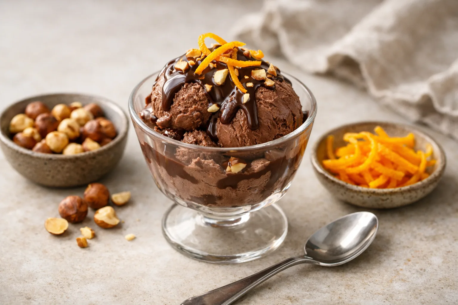 Coupe glacée au chocolat avec zeste d'orange et noisettes présentés à côté.