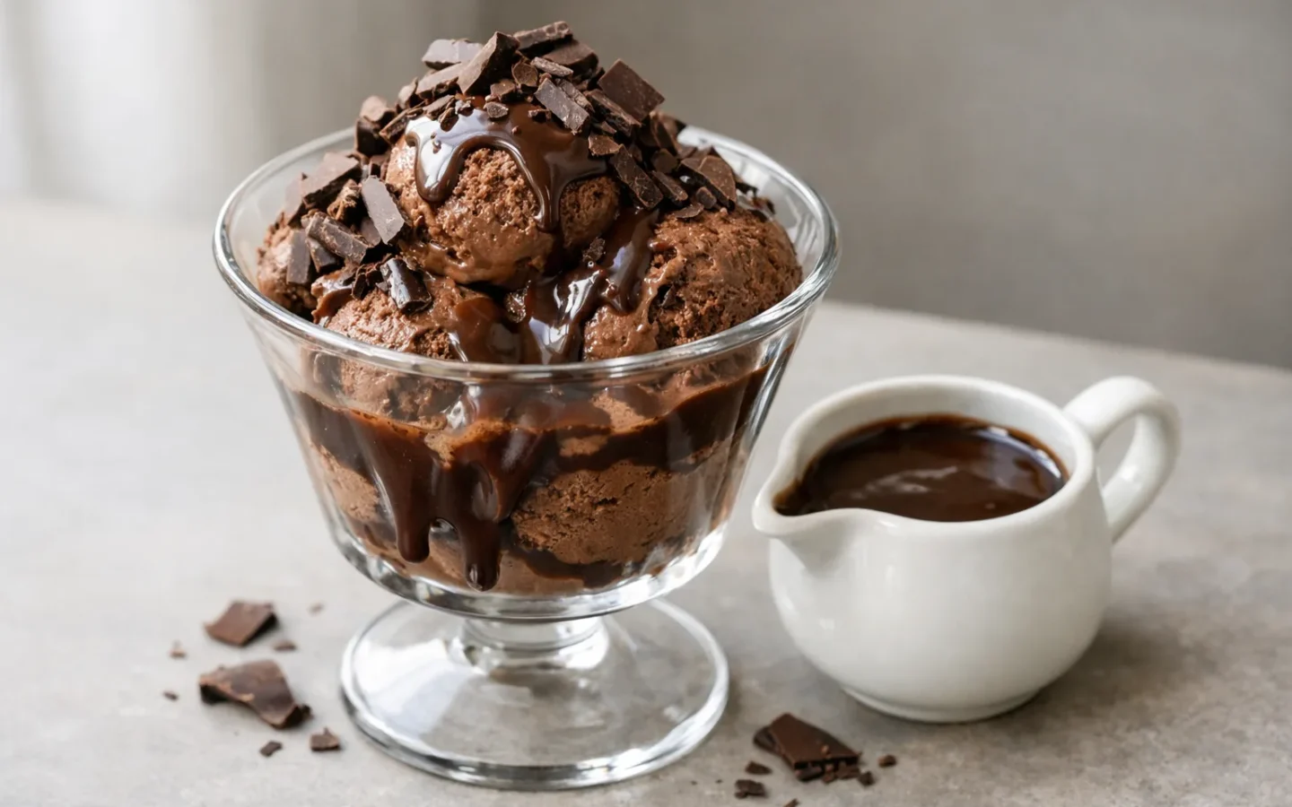 Coupe de glace au chocolat garnie de copeaux, accompagnée d'une petite saucière.