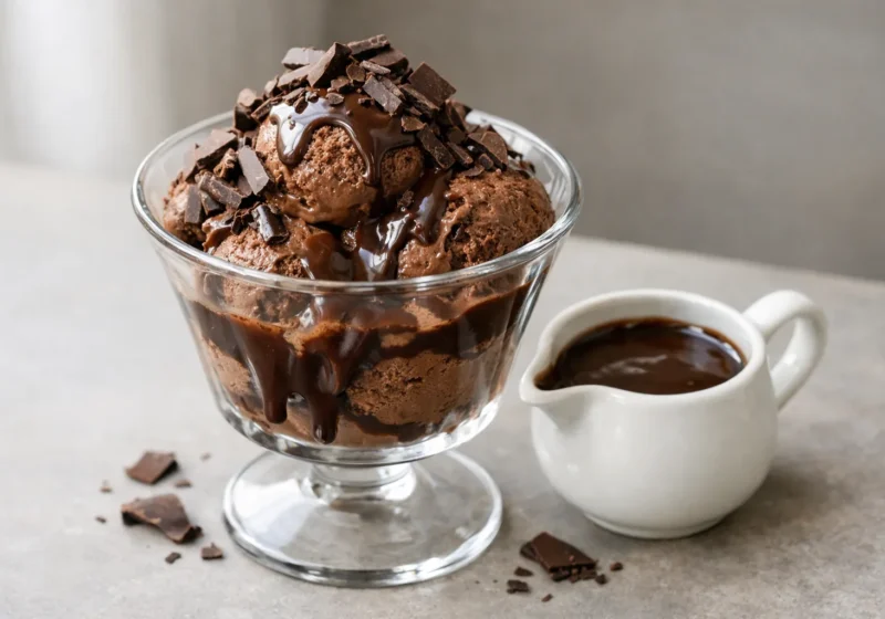 Coupe de glace au chocolat garnie de copeaux, accompagnée d'une petite saucière.
