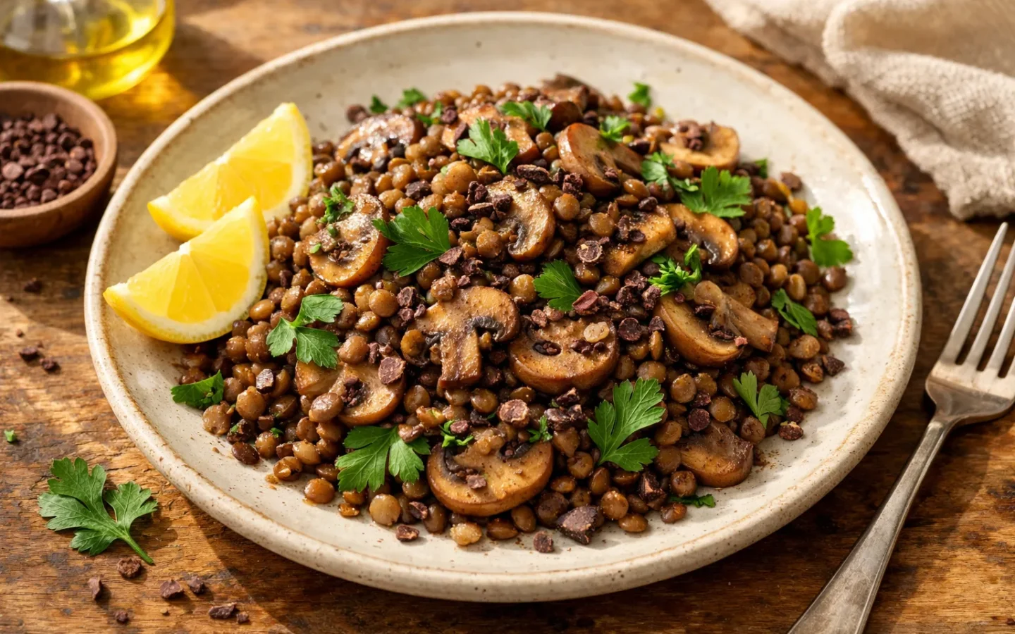 Lentilles tièdes aux champignons parsemées de grué de cacao et de persil frais.