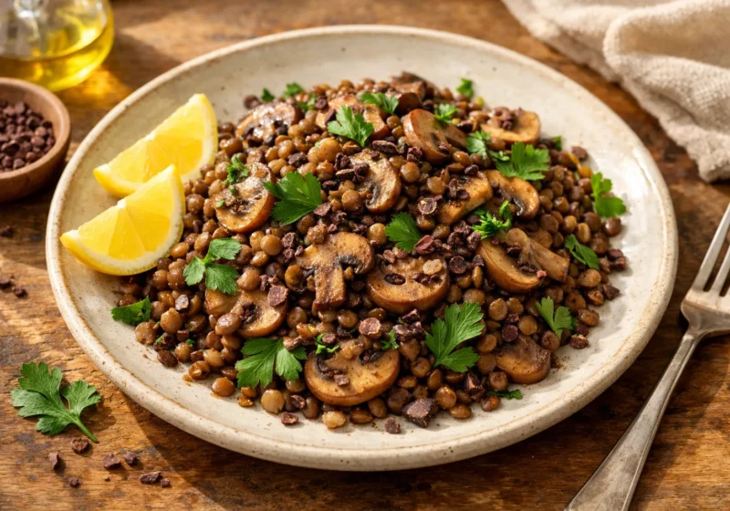 Lentilles tièdes aux champignons parsemées de grué de cacao et de persil frais.