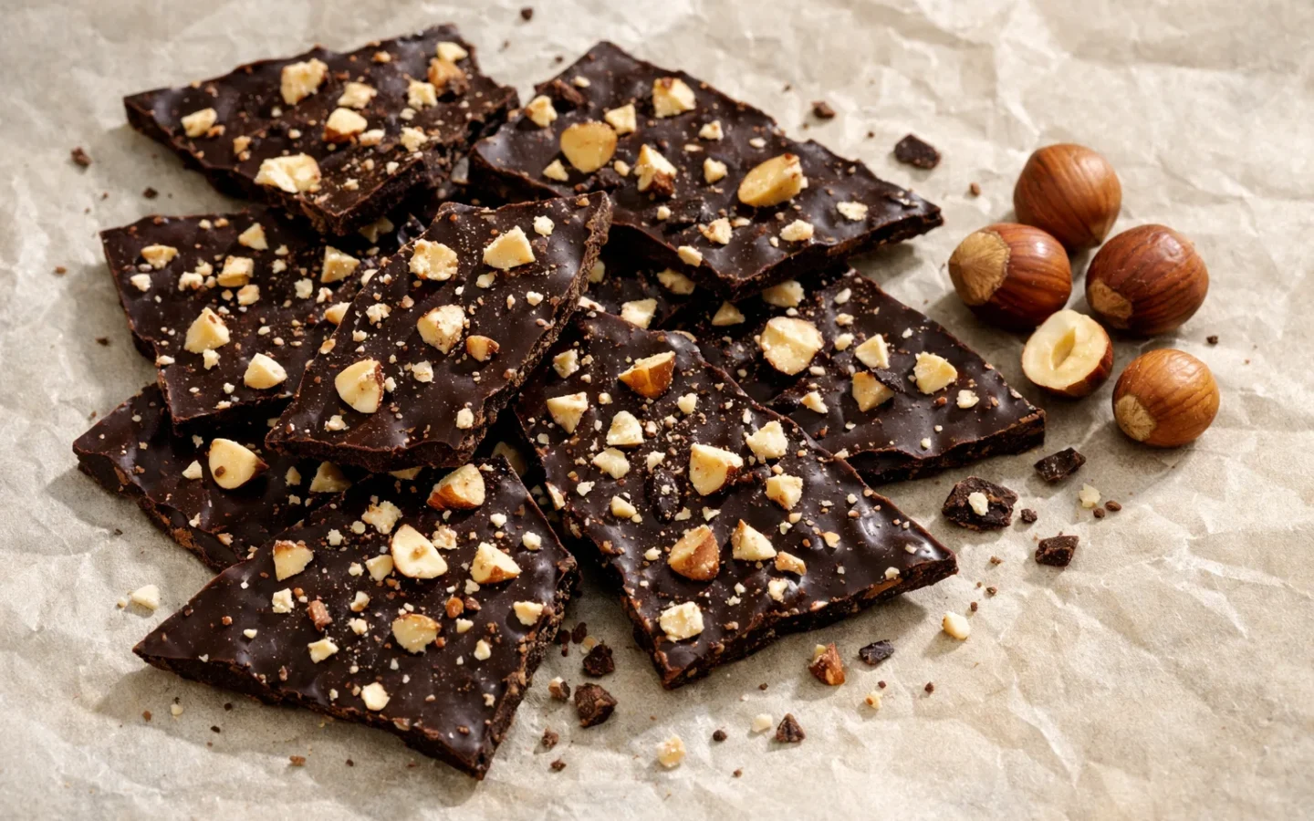 Éclats d’écorce de chocolat noir garnis de morceaux de noisettes sur du papier cuisson, avec des noisettes entières à côté.