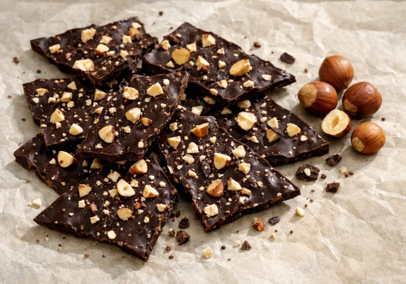 Éclats d’écorce de chocolat noir garnis de morceaux de noisettes sur du papier cuisson, avec des noisettes entières à côté.