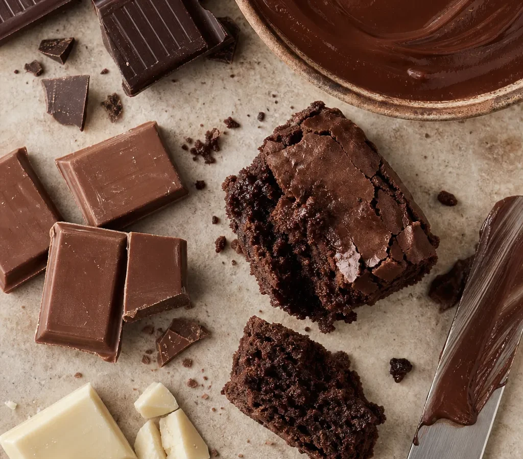 Morceaux de chocolats noir, au lait et blanc entourant une ganache brillante et un gâteau au cacao sur un plan de travail clair.