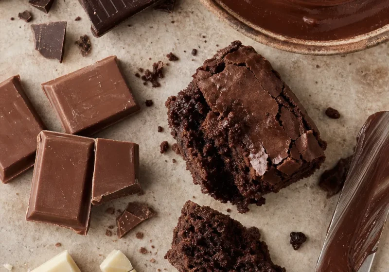 Morceaux de chocolats noir, au lait et blanc entourant une ganache brillante et un gâteau au cacao sur un plan de travail clair.