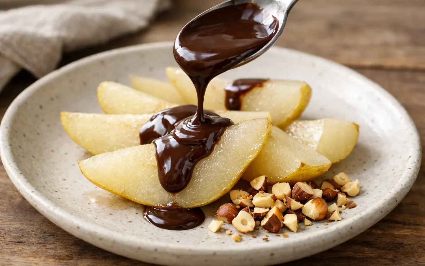 Une cuillère verse une sauce au chocolat sur des quartiers de poire, avec des éclats de noisette dans l’assiette.