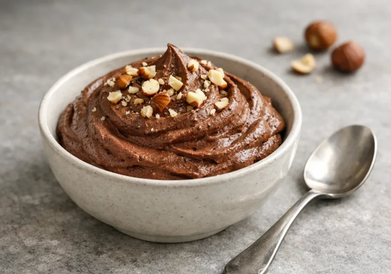Coupe en céramique remplie de mousse au chocolat, parsemée d’éclats de noisette, avec une cuillère à côté.