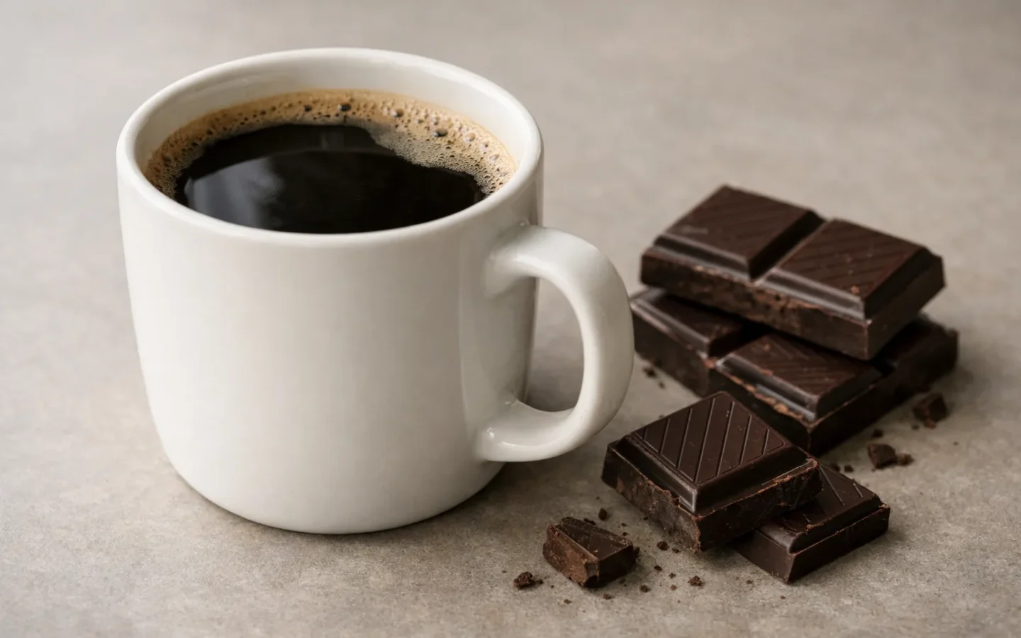 Une tasse de café près de plusieurs carrés de chocolat noir sur une table.