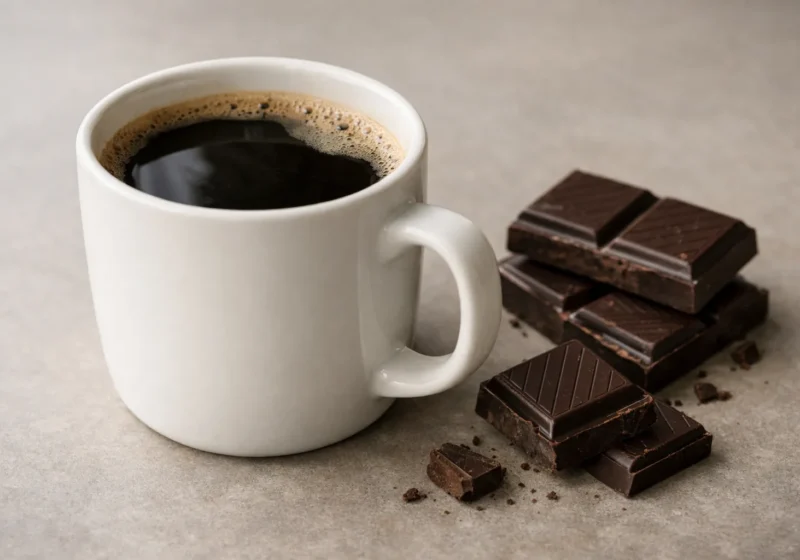 Une tasse de café près de plusieurs carrés de chocolat noir sur une table.