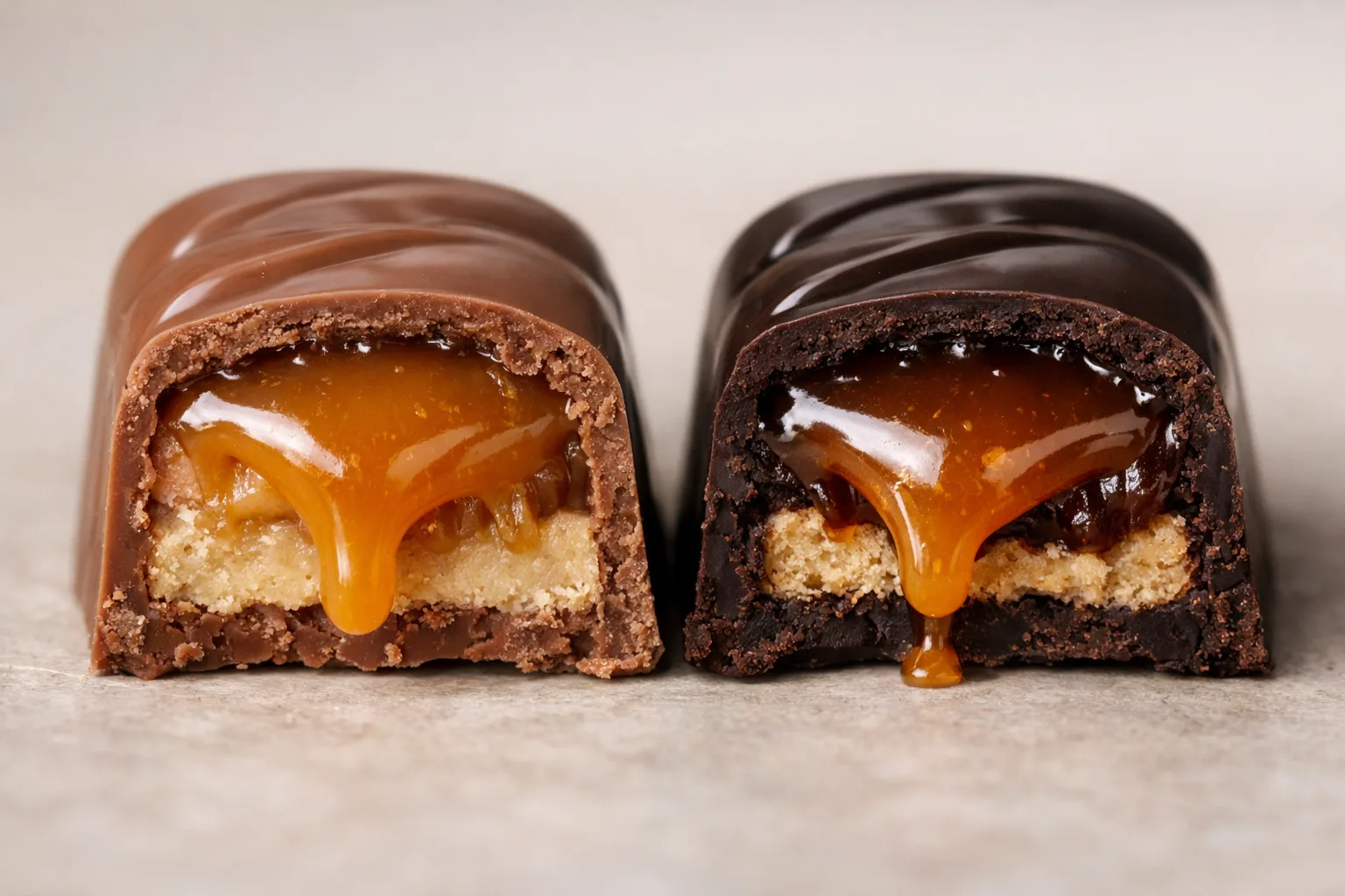 Deux bouchées ouvertes montrent le même type de caramel sous une coque au lait et sous une coque noire.