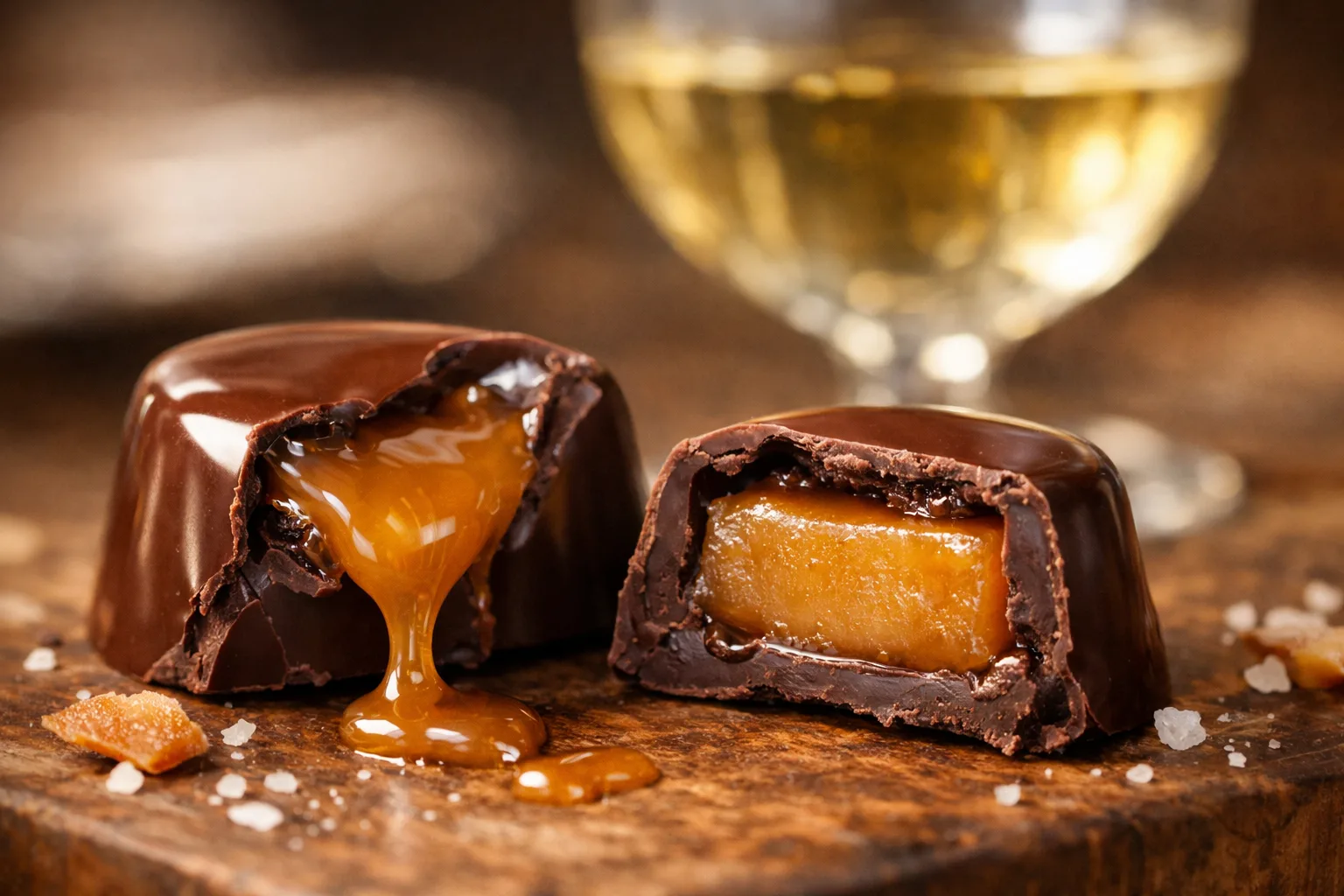 Un caramel fluide s’écoule d’une bouchée de chocolat ouverte, à côté d’un fourrage plus ferme.