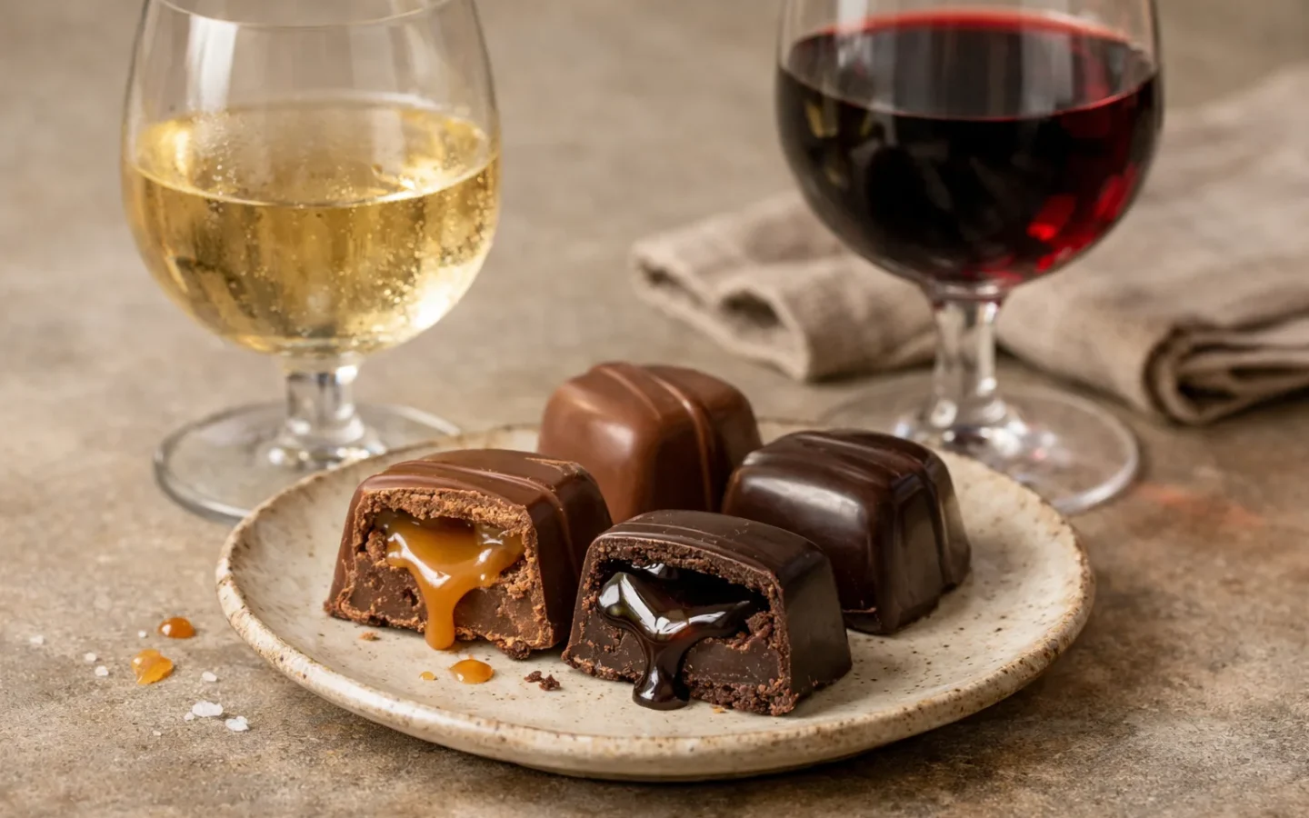 Bouchées de chocolat au lait et noir ouvertes sur leur caramel, près de verres de vin blanc et rouge.