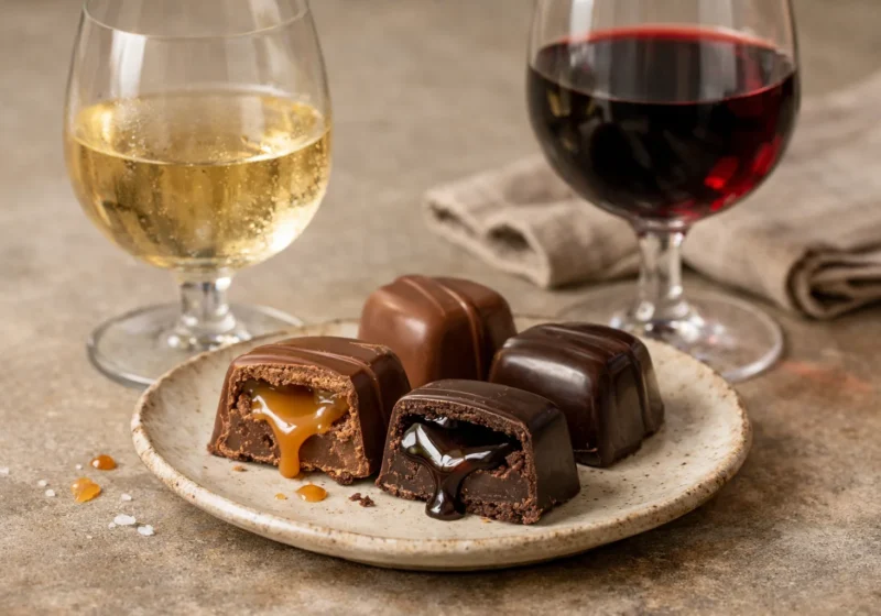 Bouchées de chocolat au lait et noir ouvertes sur leur caramel, près de verres de vin blanc et rouge.
