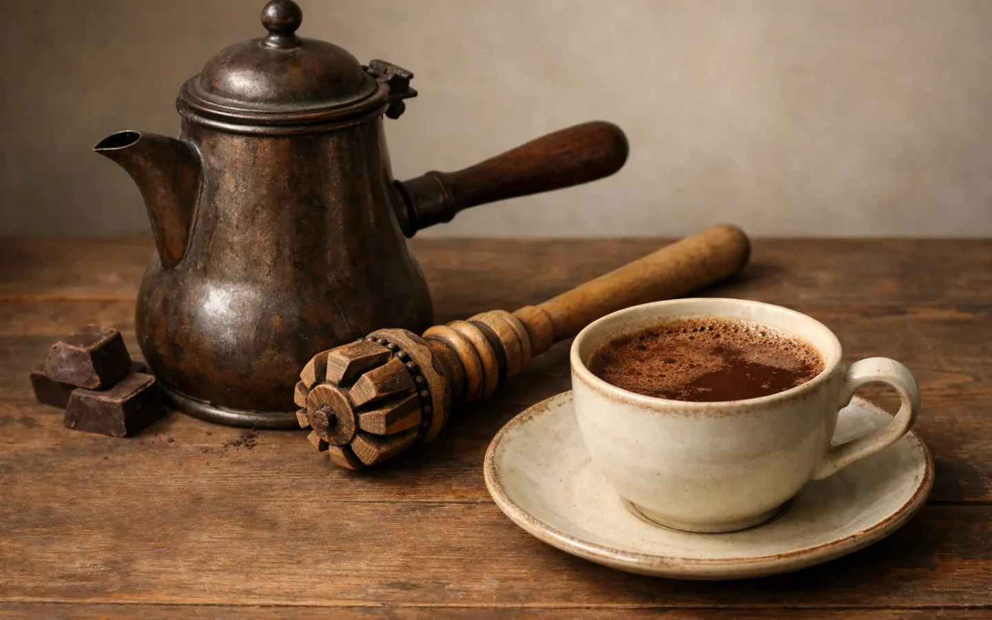 Une chocolatière à couvercle, un moussoir en bois et une tasse de cacao sont disposés sur une table.