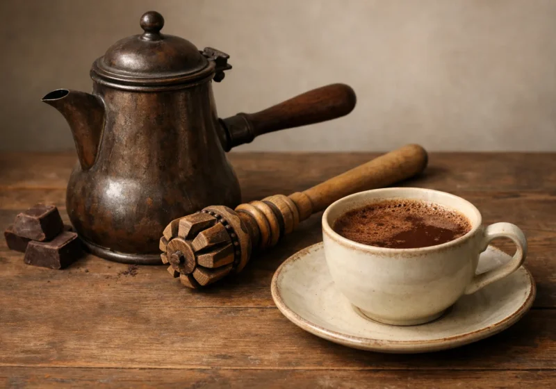 Une chocolatière à couvercle, un moussoir en bois et une tasse de cacao sont disposés sur une table.