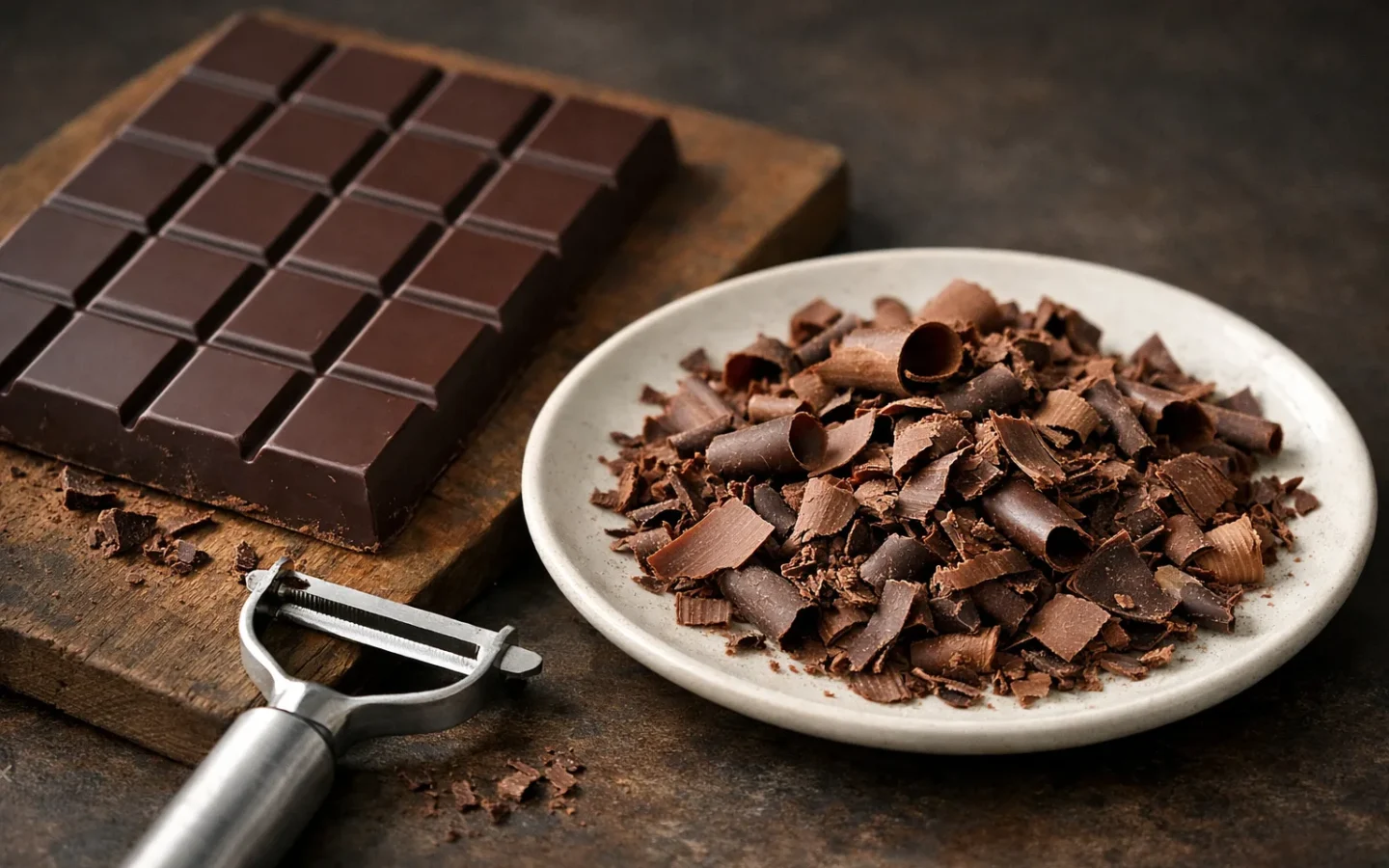 Copeaux de chocolat déposés à côté d’une tablette et d’un économe sur une planche.
