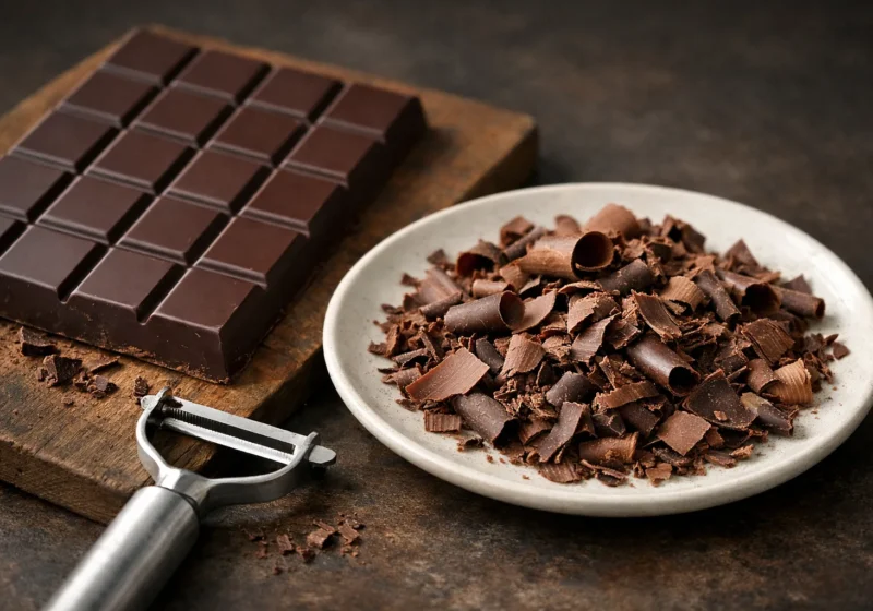 Copeaux de chocolat déposés à côté d’une tablette et d’un économe sur une planche.