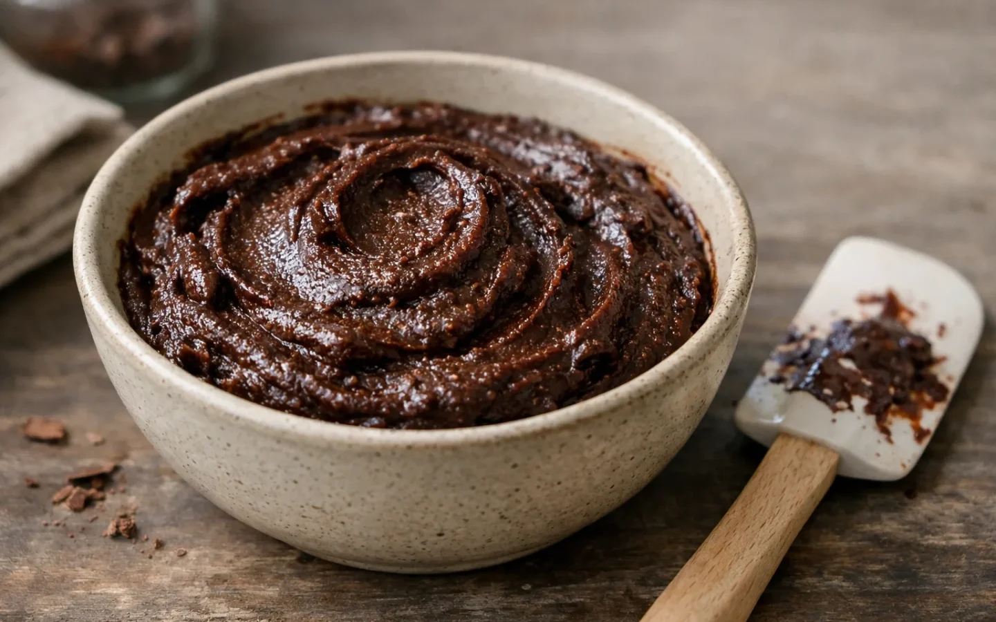 Bol de ganache au chocolat légèrement granuleuse, avec une spatule posée à côté.