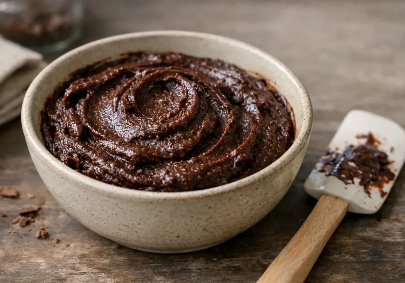 Bol de ganache au chocolat légèrement granuleuse, avec une spatule posée à côté.