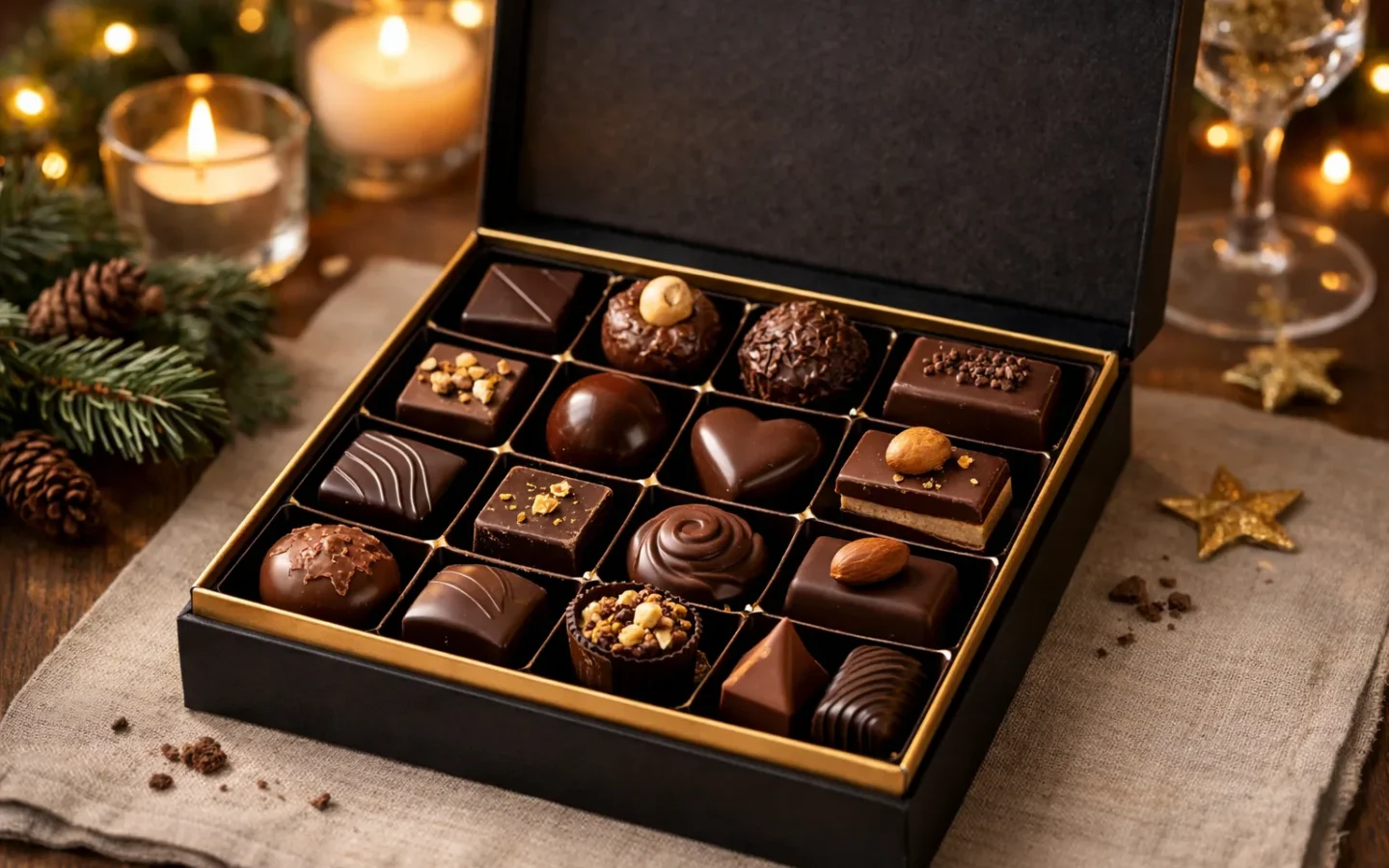 Coffret ouvert présentant des chocolats noirs, des pralinés et des ganaches dans des compartiments.