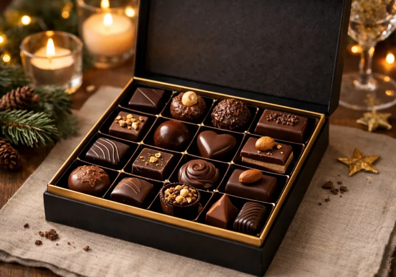 Coffret ouvert présentant des chocolats noirs, des pralinés et des ganaches dans des compartiments.
