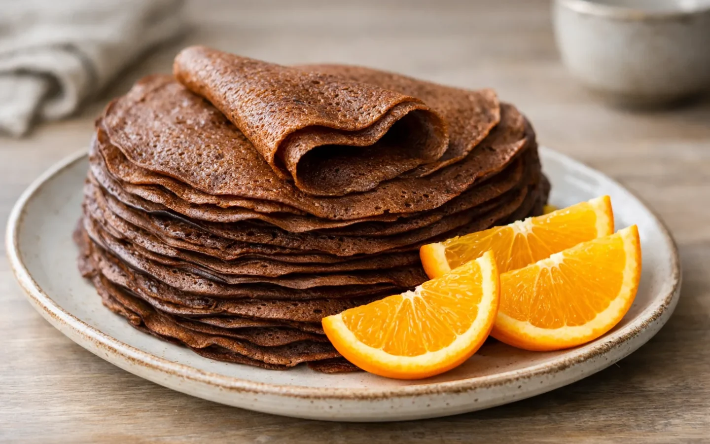 Pile de crêpes brunes dans une assiette, avec une crêpe repliée et des quartiers d’orange à côté.