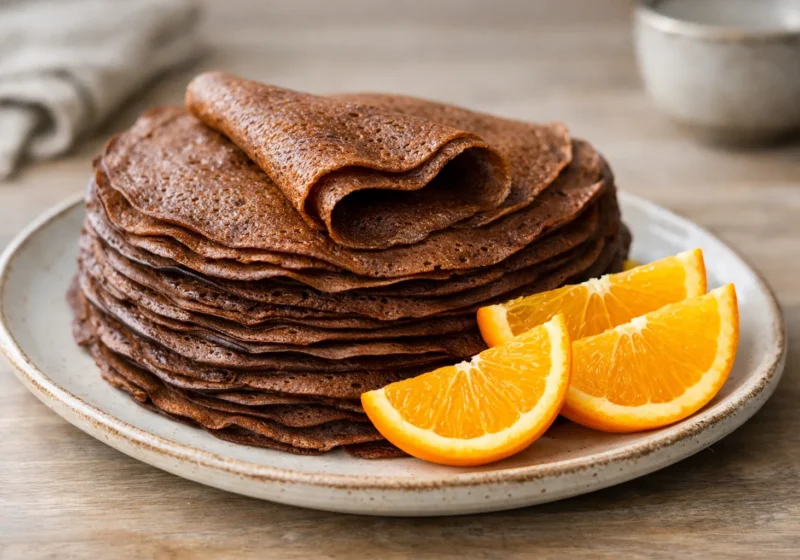 Pile de crêpes brunes dans une assiette, avec une crêpe repliée et des quartiers d’orange à côté.