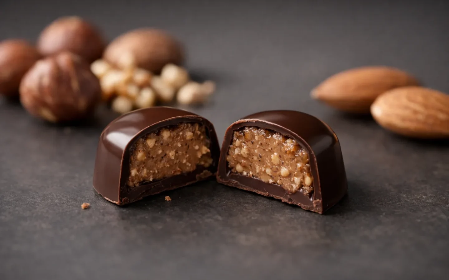 Bonbon au chocolat coupé laissant voir sa coque et son cœur praliné légèrement granuleux.