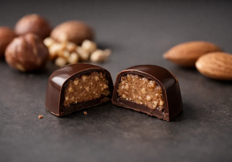 Bonbon au chocolat coupé laissant voir sa coque et son cœur praliné légèrement granuleux.