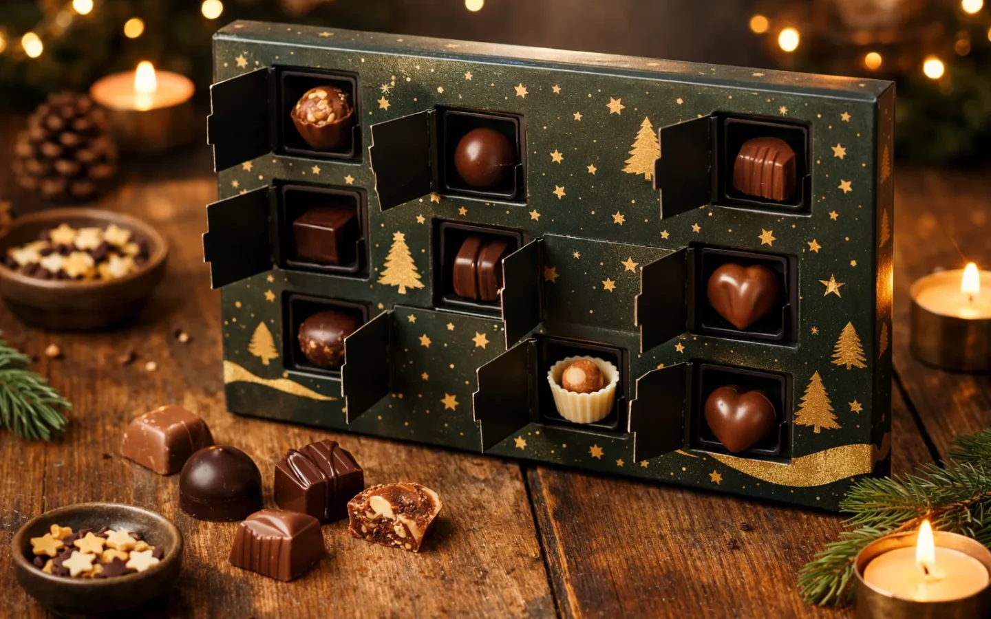 Calendrier de l’Avent ouvert laissant apparaître des chocolats noirs, au lait et garnis dans ses petites cases.