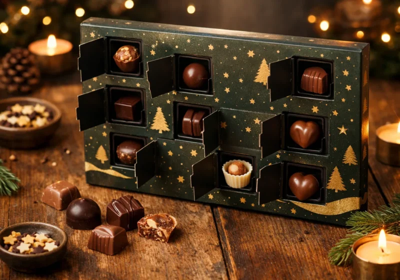 Calendrier de l’Avent ouvert laissant apparaître des chocolats noirs, au lait et garnis dans ses petites cases.