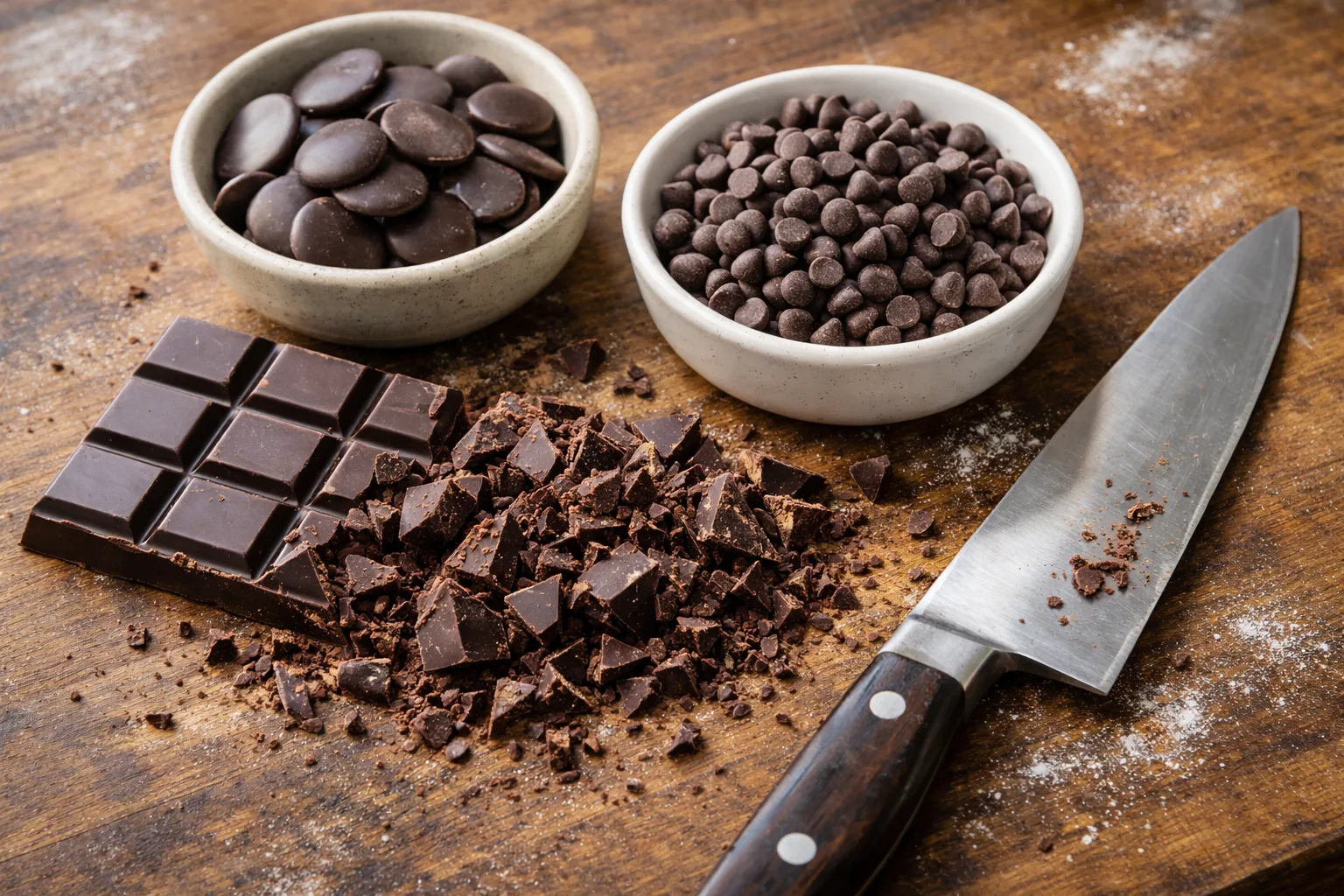Tablette de chocolat hachée, pistoles et pépites présentées séparément sur un plan de travail.