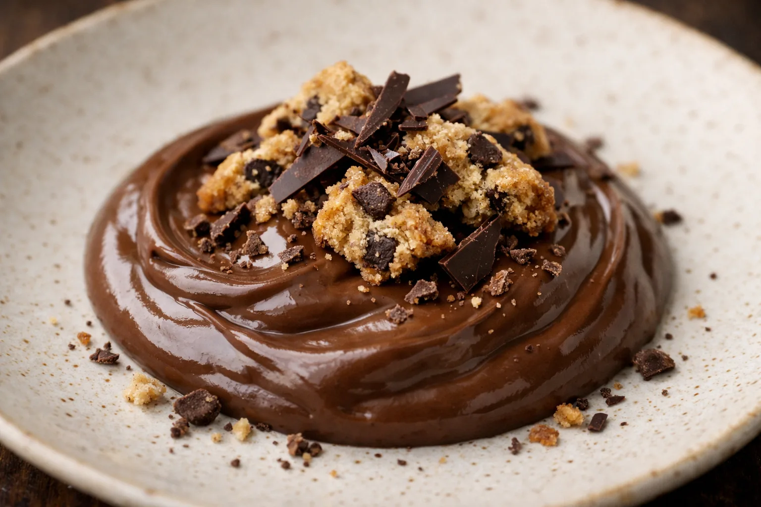 Crème au chocolat garnie de fins éclats, à côté d’un biscuit cassé contenant des morceaux de chocolat.