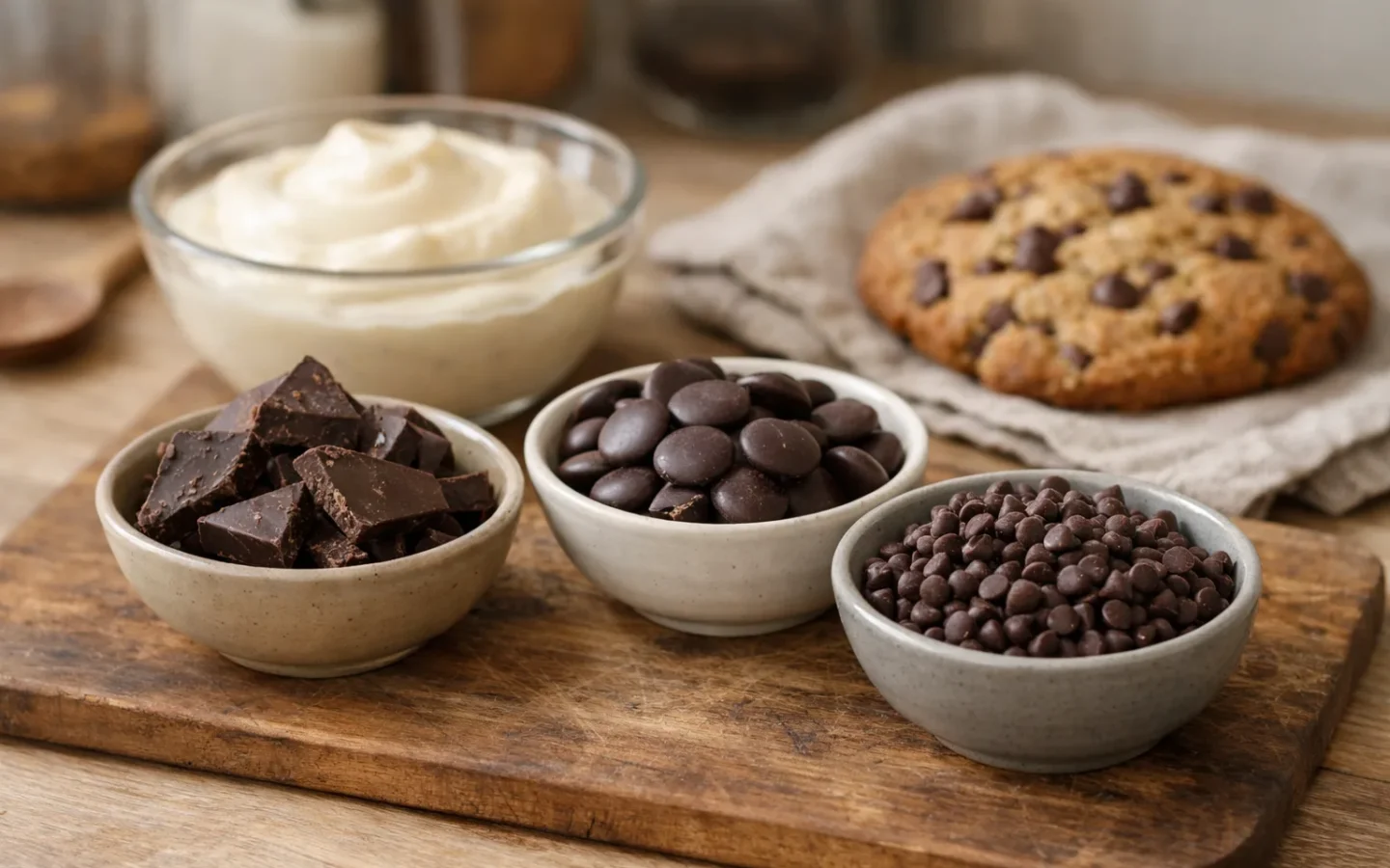 Morceaux de tablette, pistoles et pépites de chocolat disposés près d’une crème et d’un biscuit sur un plan de travail.