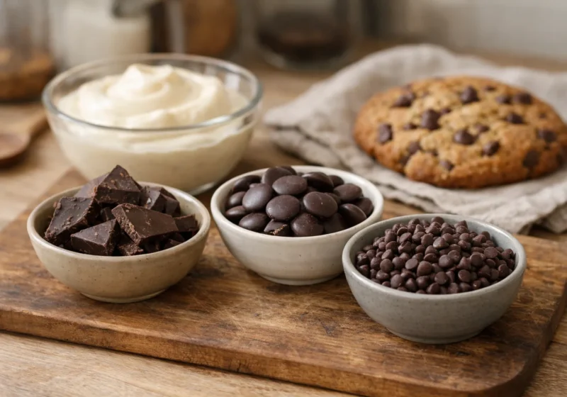 Morceaux de tablette, pistoles et pépites de chocolat disposés près d’une crème et d’un biscuit sur un plan de travail.