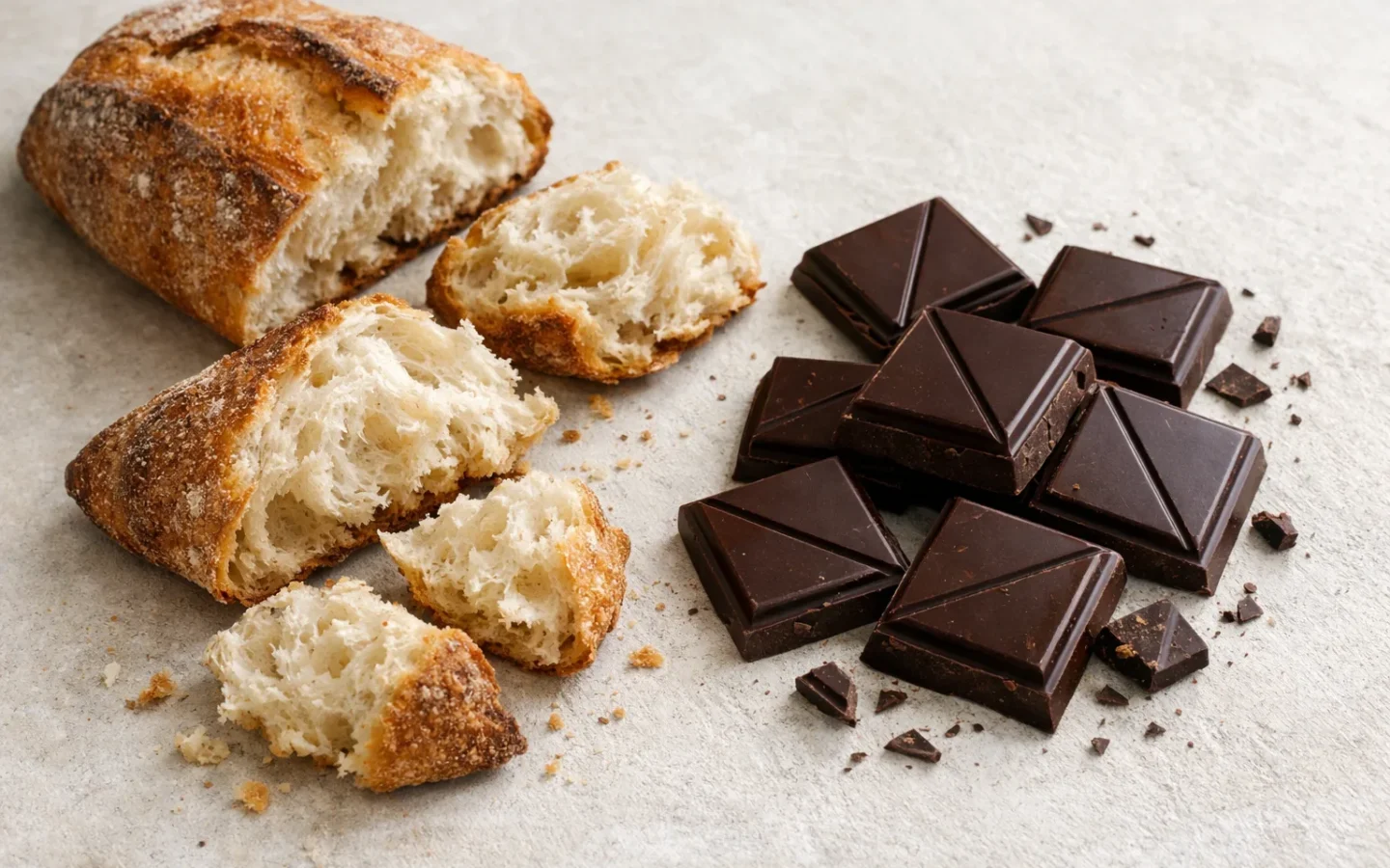 Carrés de chocolat noir posés près de tranches de pain montrant leur mie et leur croûte.