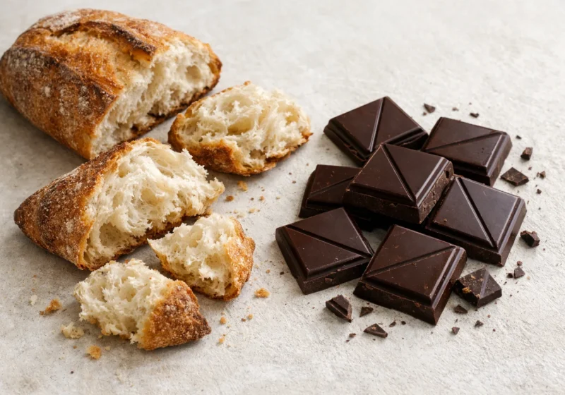 Carrés de chocolat noir posés près de tranches de pain montrant leur mie et leur croûte.