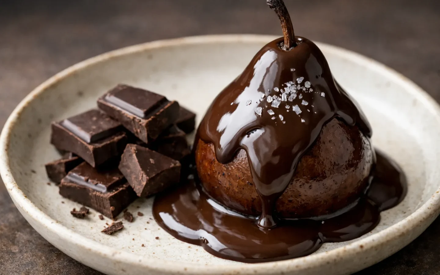 Morceaux de chocolat noir et poire nappée de chocolat, avec quelques cristaux de sel sur le nappage.